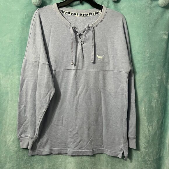 VS PINK Tropical Floral Lace Up Varsity Crew Sweater Long Sleeve Blue Large - Picture 3 of 5